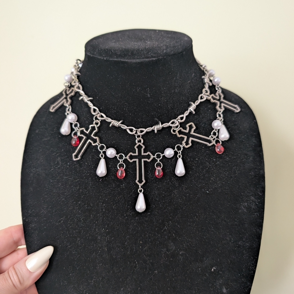 Silver Cross Charm Necklace with White Pearls and Red Accents